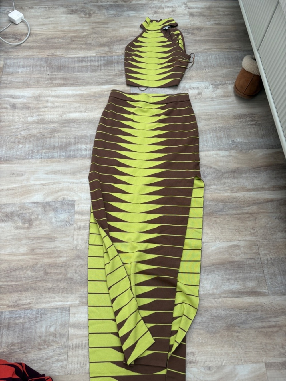 Fashion Nova Brown & Lime Green Zigzag Knit Set